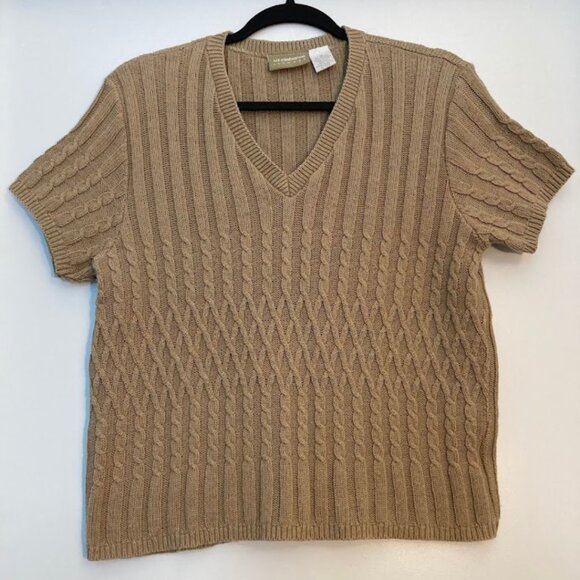 Liz Claiborne Cable Knit Short Sleeve Cotton Sweater, V-Neck, Beige - Picture 9 of 16